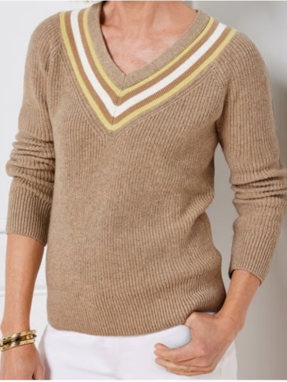 Talbots Beige V-Neck Stripe Trim Detail Sweater, Size MP